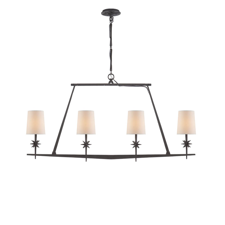 The Etoile Linear Chandelier has a black linear frame with four small lights with natural paper shades and small star detail.