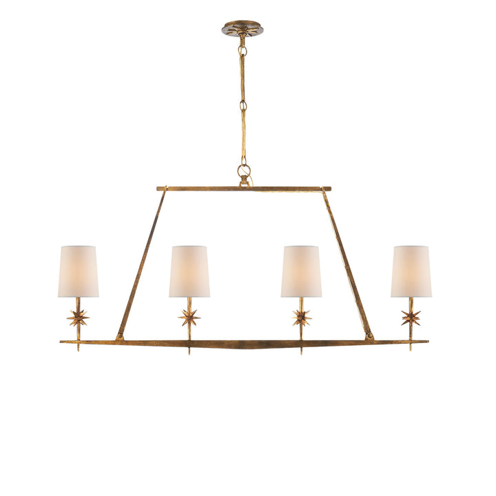The Etoile Linear Chandelier has a gilded iron linear frame with four small lights with natural paper shades and small star detail.