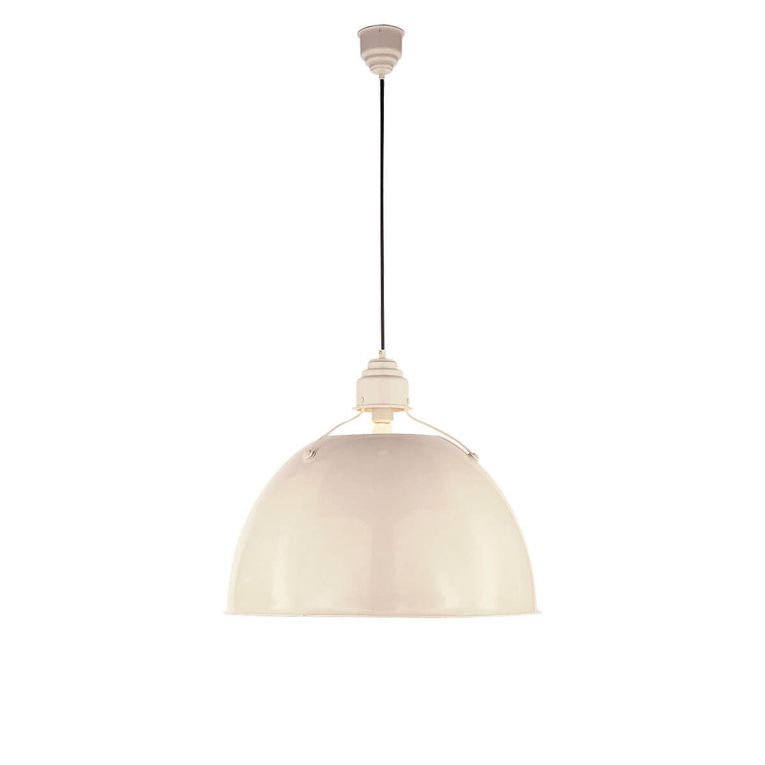The Eugene Pendant has a simple, half circle metal shade in a lightly antique white finish with black rod hanger perfect for commercial lighting.