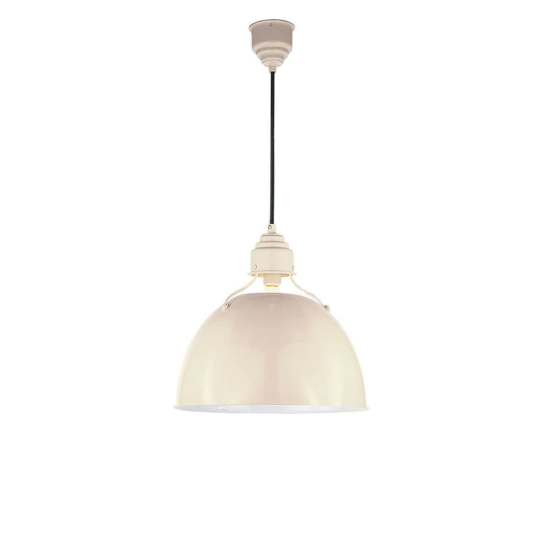 The medium Eugene Pendant has a simple, half circle metal shade in a lightly antique white finish with black rod hanger perfect for commercial lighting.