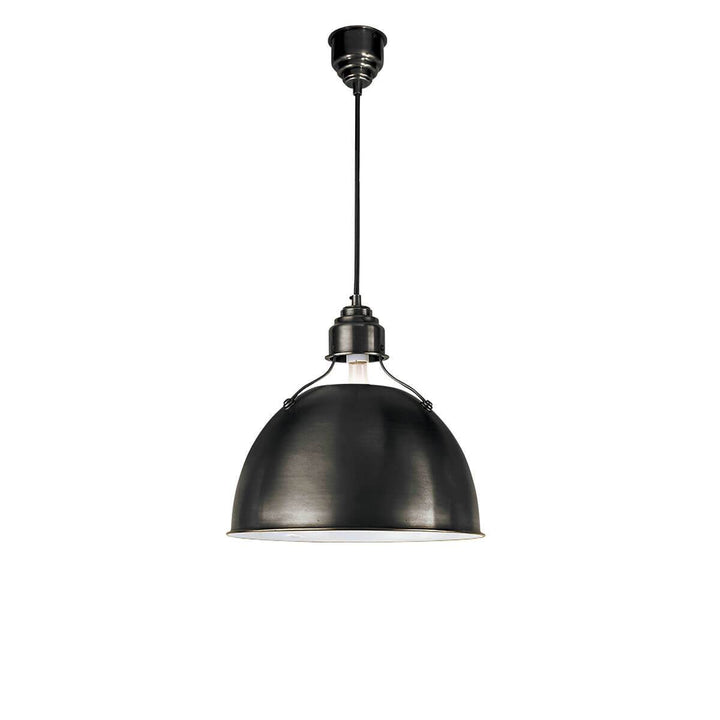 The medium Eugene Pendant has a simple, half circle metal shade in a bronze finish with black rod hanger perfect for commercial lighting.