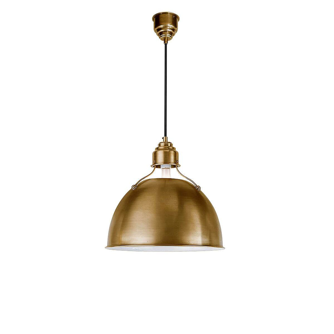The medium Eugene Pendant has a simple, half circle metal shade in a hand-rubbed antique brass finish with black rod hanger perfect for commercial lighting.