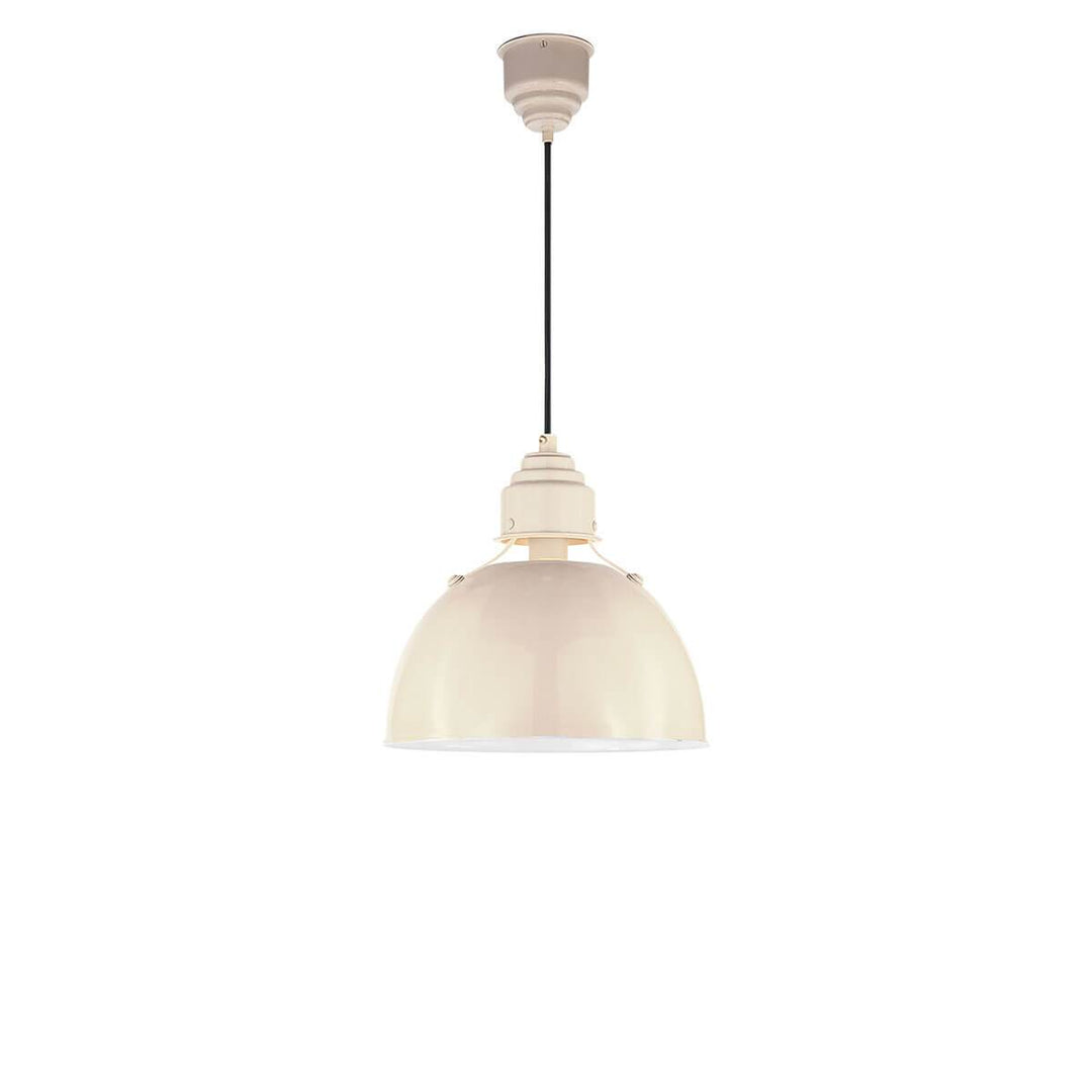 The small Eugene Pendant has a simple, half circle metal shade in a lightly antique white finish with black rod hanger perfect for commercial lighting.