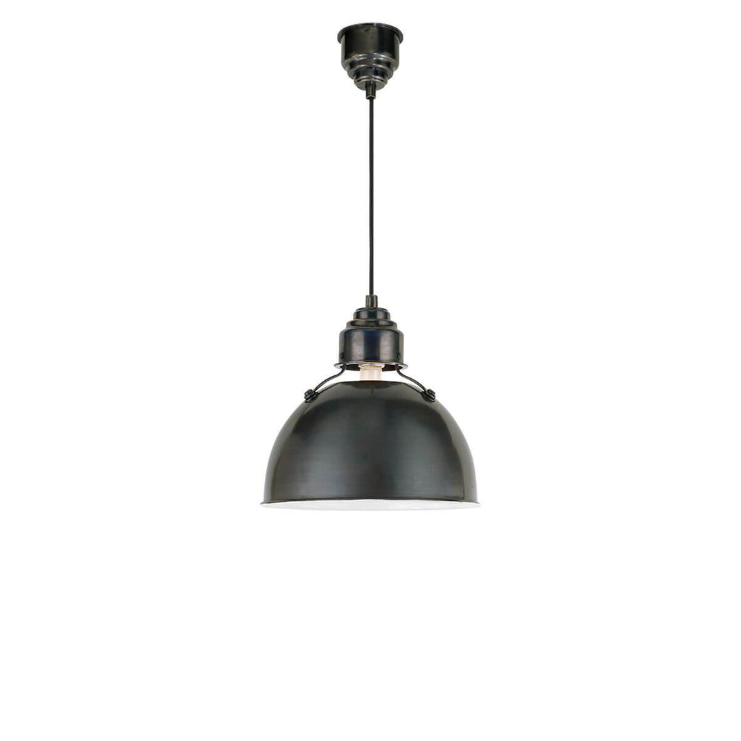 The small Eugene Pendant has a simple, half circle metal shade in a bronze finish with black rod hanger perfect for commercial lighting.