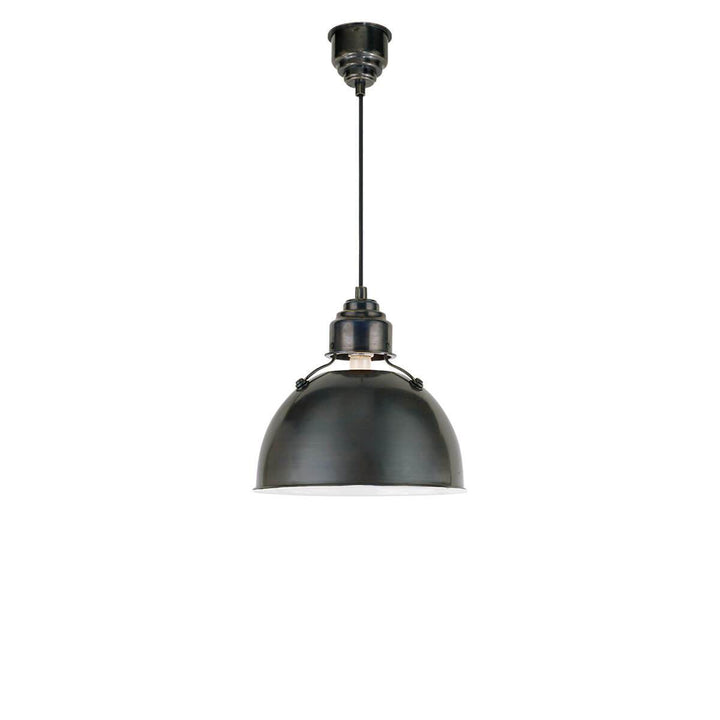 The small Eugene Pendant has a simple, half circle metal shade in a bronze finish with black rod hanger perfect for commercial lighting.