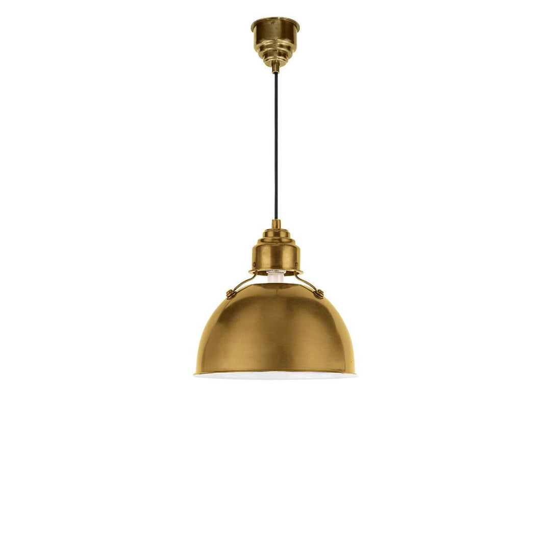The small Eugene Pendant has a simple, half circle metal shade in a hand-rubbed antique brass finish with black rod hanger perfect for commercial lighting.