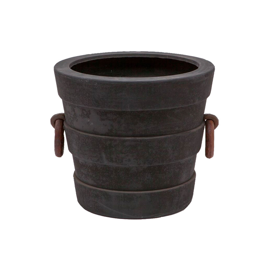 A stone pot perfect for decor inside or outdoors. Made of reconstituted stone and finished in black. This pot is available in two sizes, this image shows the large.