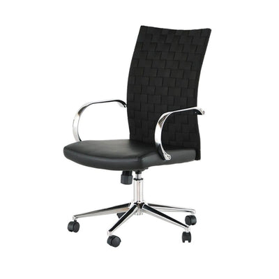 Office Chair with a high, faux leather back with woven detail, adjustable back and 360 degree rotating base.