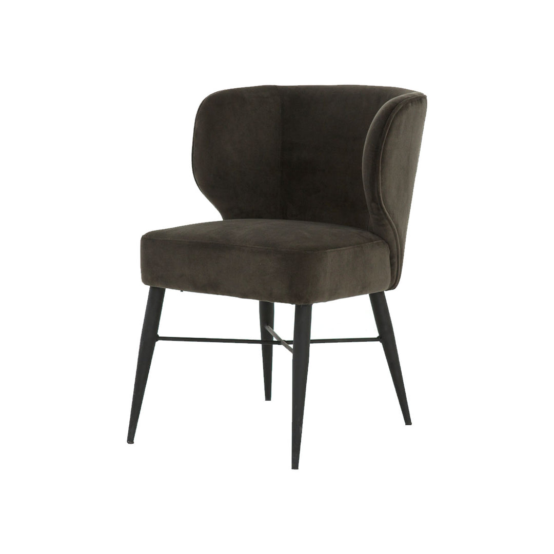 Modern dining chair with warm, dark grey suede wing chair styles back.