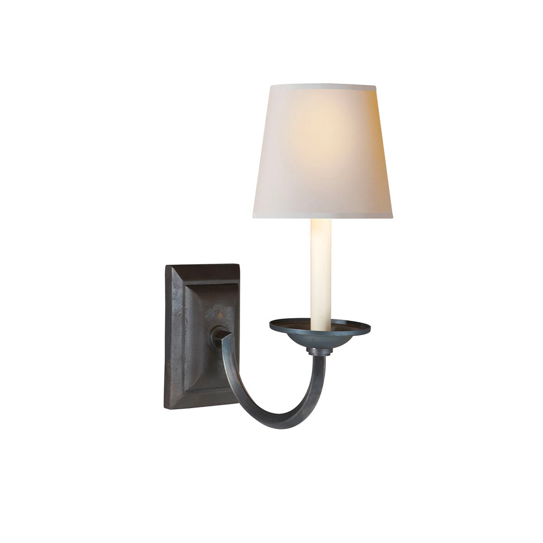 Traditional single sconce with aged iron and natural linen shade.