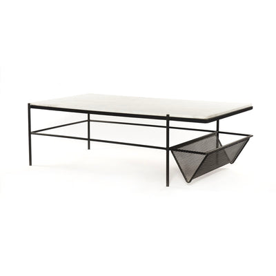 Modern coffee table with black iron frame and marble top.