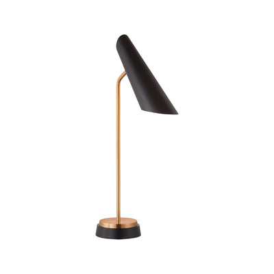 Modern table lamp with pivoting black shade and antique, hand-rubbed brass.