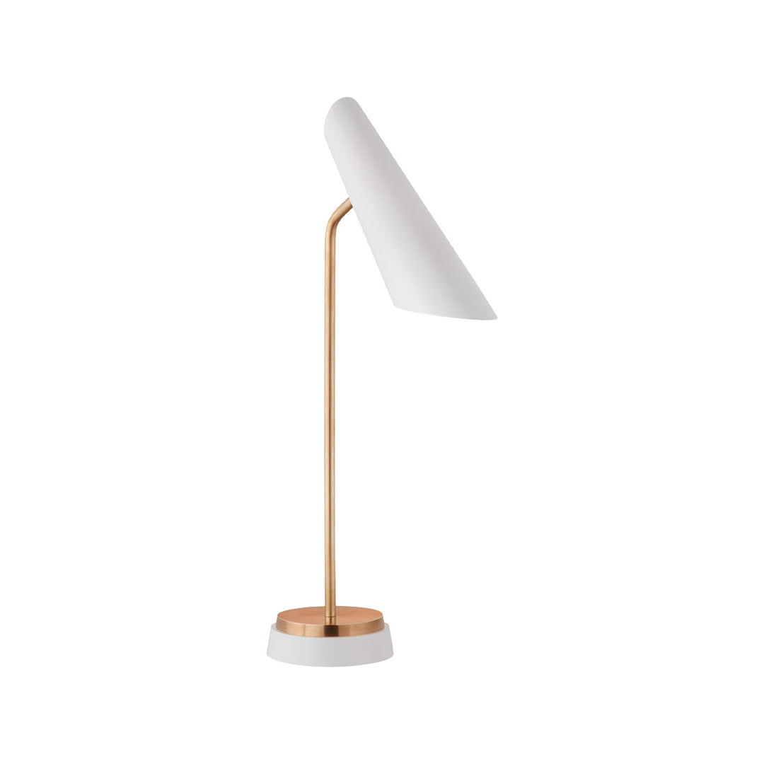 Pivoting task lamp with hand-rubbed antique brass and white shade.