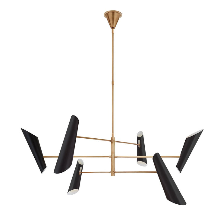 Large, mid-century modern chandelier with a antique brass rods and 6 black shades.
