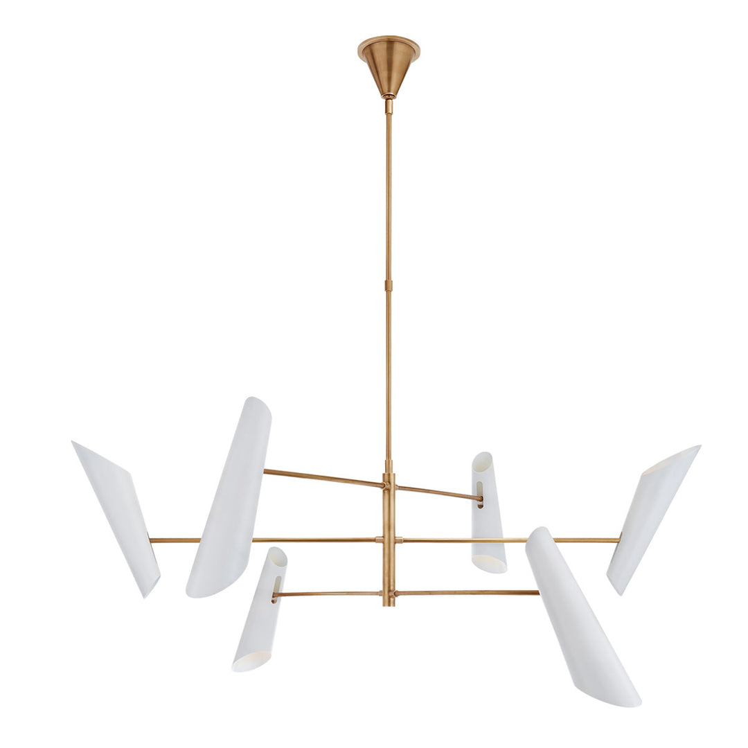 Modern chandelier with white cone shaped shades and antique brass linear rods.