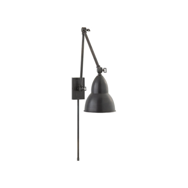 The French Library Wall Lamp hinges in three spots and has a classic shape in a bronze finish.