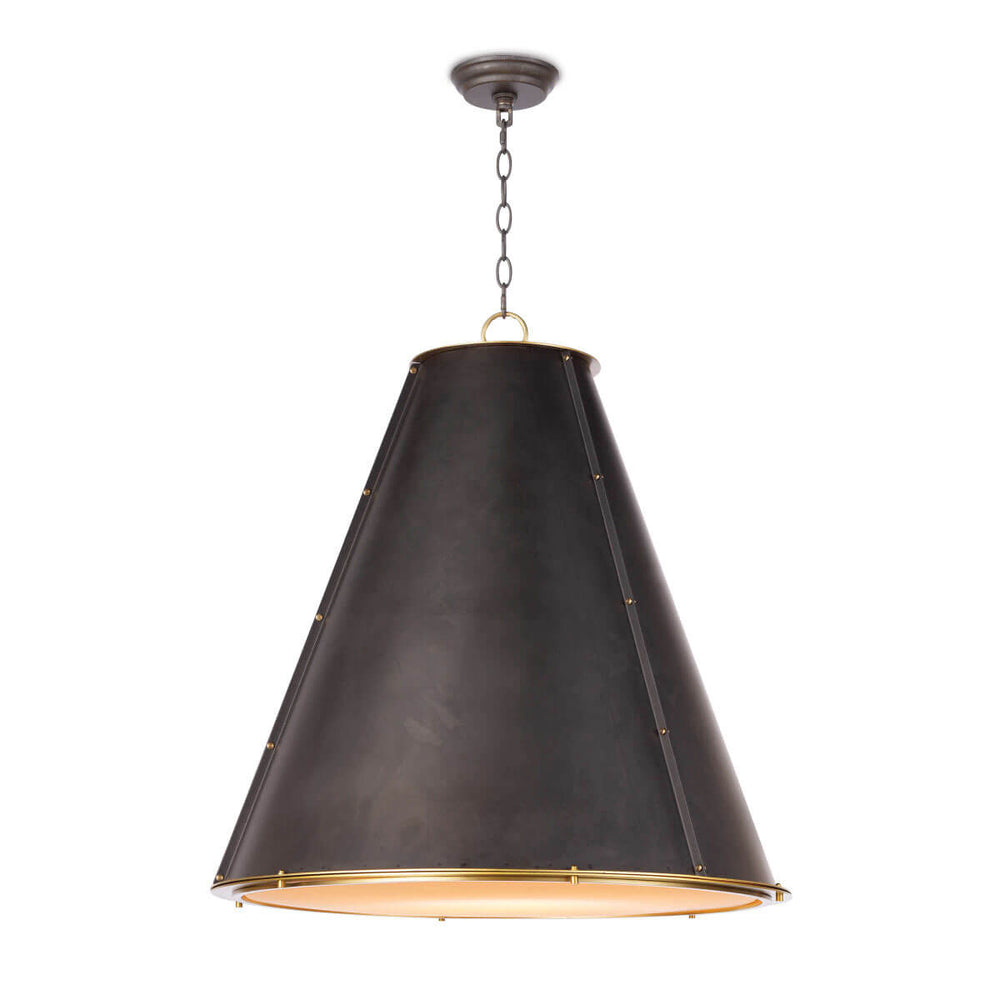 The Strasbourg Chandelier Large is made of black steel and has a cone shaped shade with brass stud details and a diffuser shade.