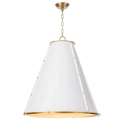 The Strasbourg Chandelier Large is made of white steel and has a cone shaped shade with brass stud details and a diffuser shade.