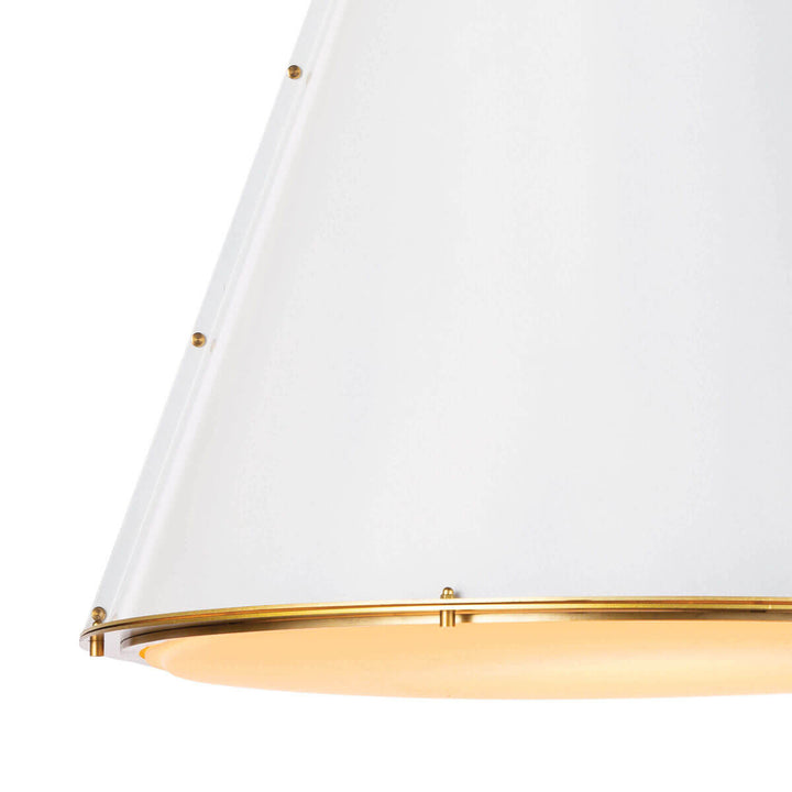 Close of the stud detail on the white steel cone shaped light with an industrial look.