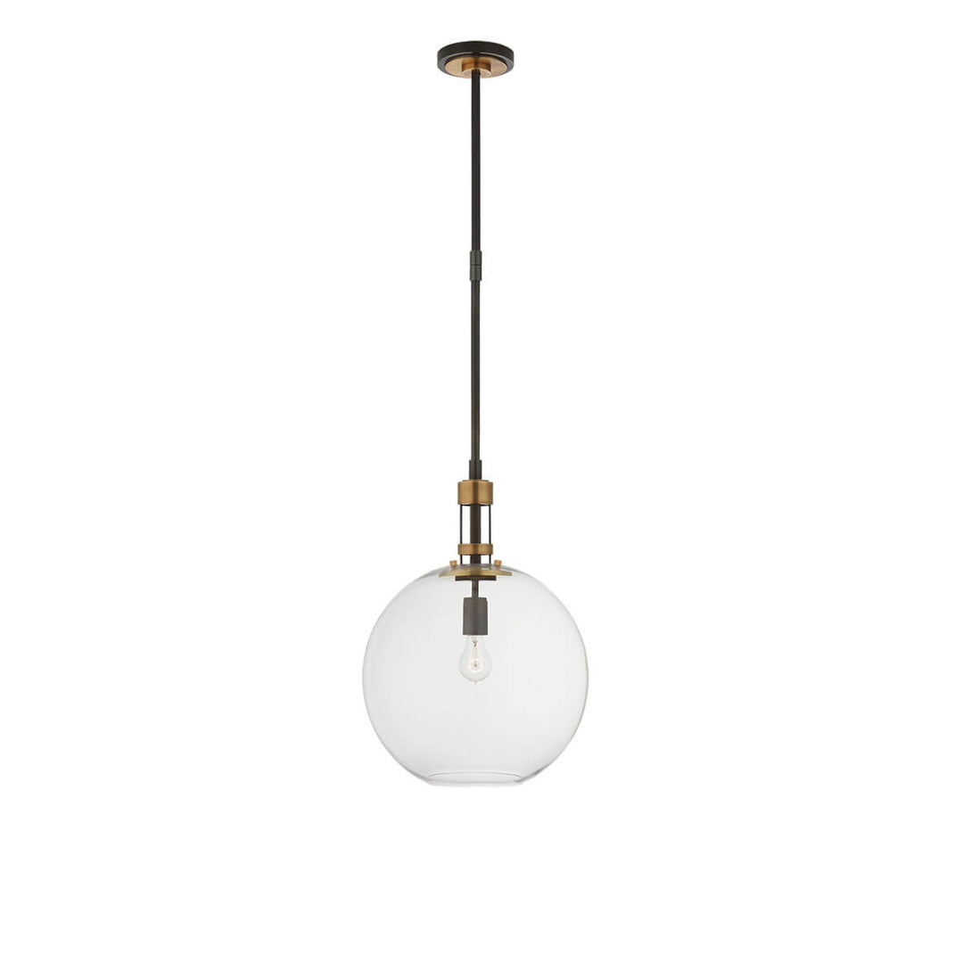 The Gable Pendant has a clear glass globe suspended on a thin bronze column with antique brass details.