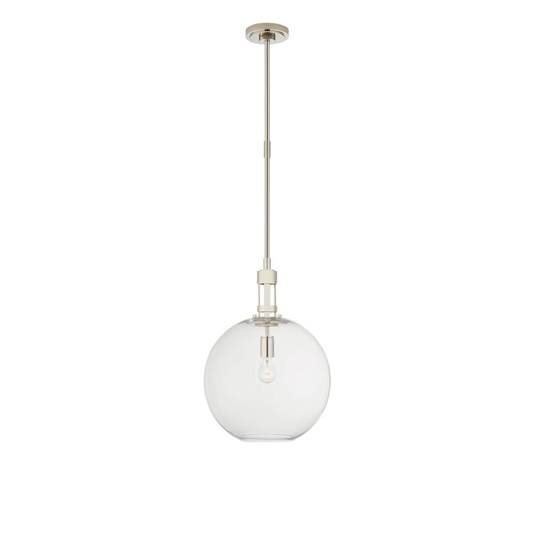 The Gable Pendant has a clear glass globe suspended on a thin polished nickel column.