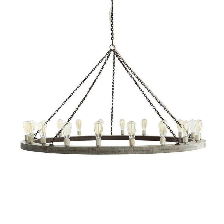 Large dining room pendant light with wooden ring and evenly spaced bulbs with a medieval look.