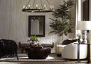 Medieval inspired wooden pendant light in a classic living room.
