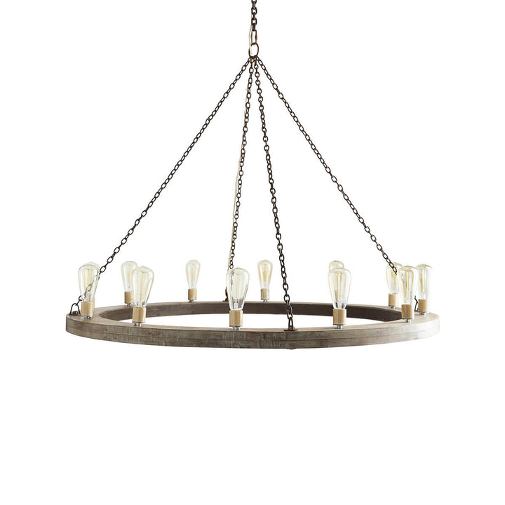 Medium dining room pendant with wooden ring and evenly spaced bulbs with a medieval look.