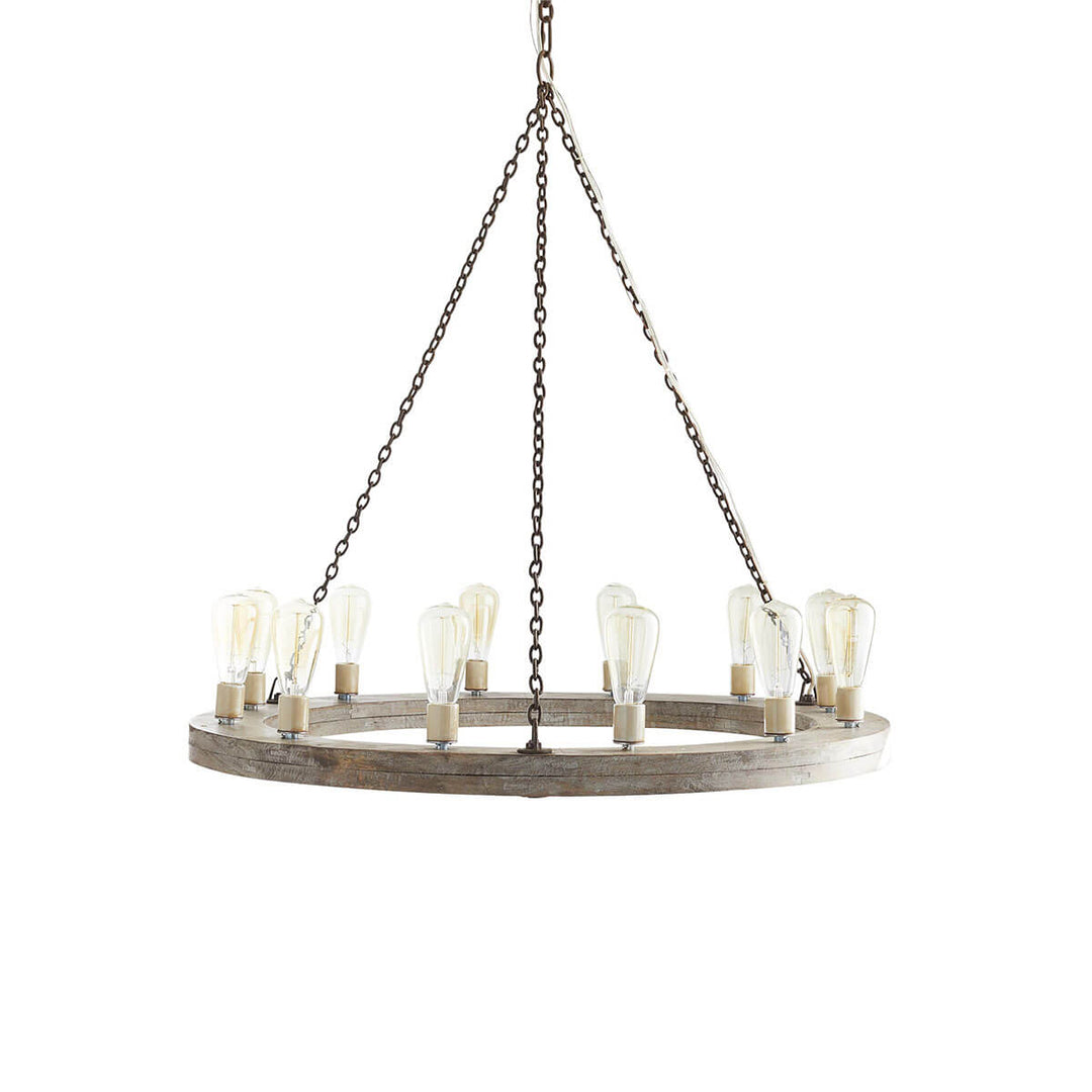 Small dining room pendant with wooden ring and evenly spaced bulbs with a medieval look.