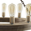 Vintage inspired light bulbs on the wooden circular pendant ring.