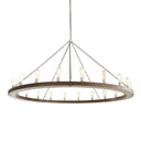 Valencia X-Large Chandelier with a dark grey wood ring and rusted iron chain giving it an updated medieval look.