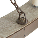 Dark grey wood and rusted metal details on the medieval-inspired, rustic chandelier.