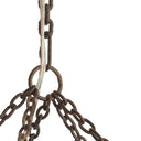 Rusted chain hanger and ring details on the oversized kitchen chandelier.
