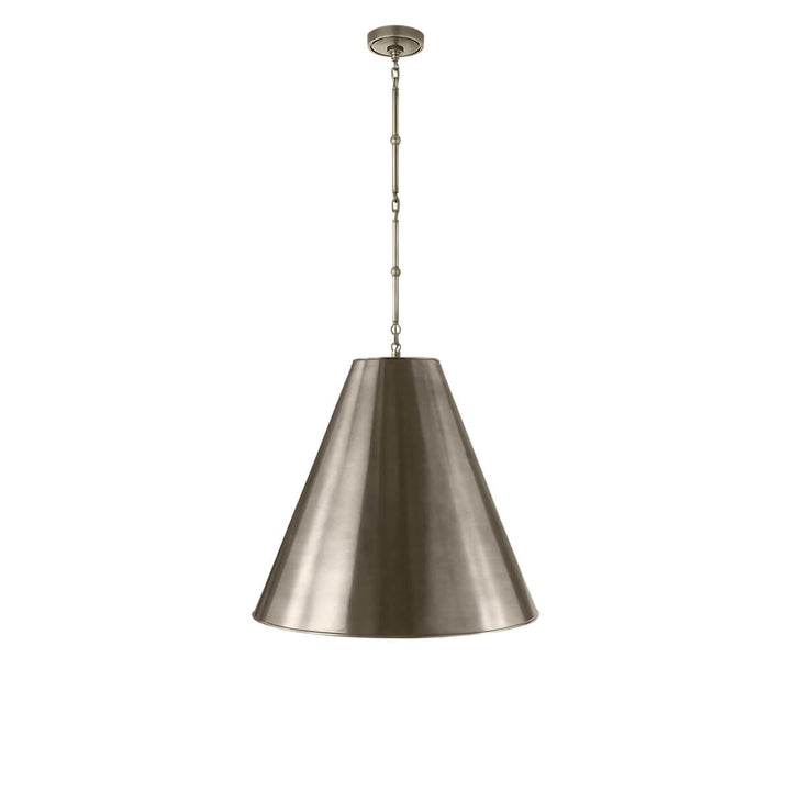 The Goodman Hanging Lamp has a delicate antique nickel chain with an antique nickel, cone shaped shade.