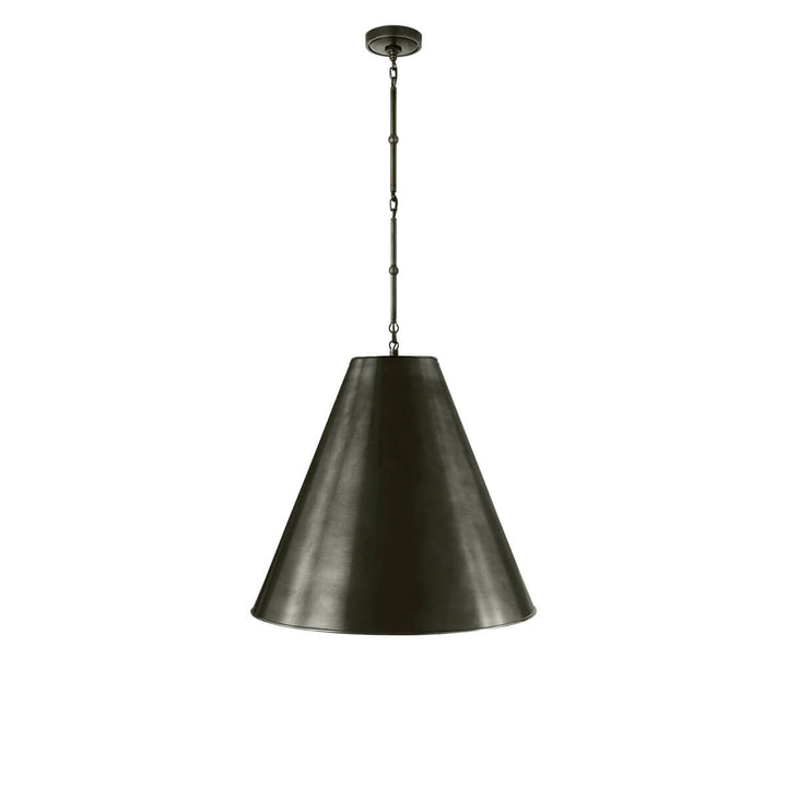 The Hartford Large Hanging Lamp has a delicate, bronze chain with a bronze, cone shaped shade.
