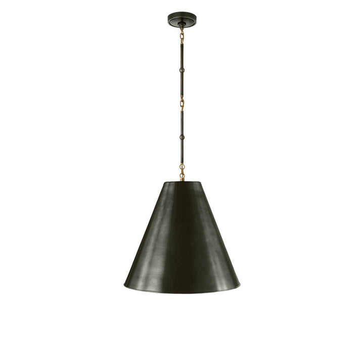The Hartford Medium Hanging Light has a delicate bronze chain with antique brass detail and a bronze cone shaped shade.