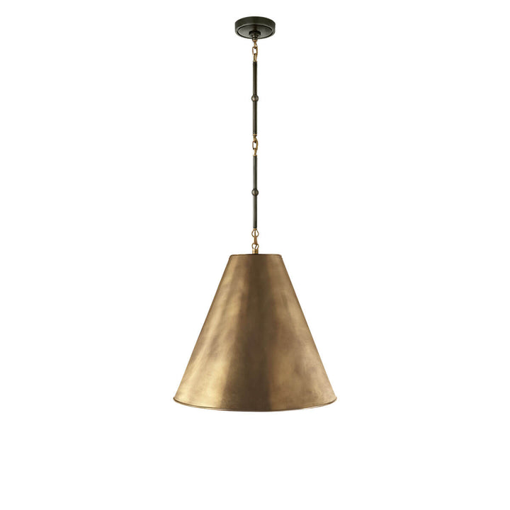 The Hartford Medium Hanging Light has a delicate bronze chain with antique brass detail and an antique brass cone shaped shade.