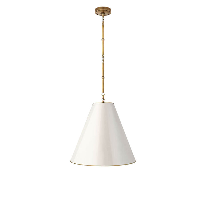 The Hartford Medium Hanging Light has a delicate hand-rubbed antique brass chain and an antique white cone shaped shade with a brass interior.