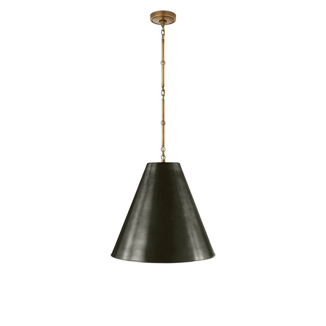 The Hartford Medium Hanging Light has a delicate hand-rubbed antique brass chain and a bronze cone shaped shade.