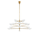 The Graphic Grande Multi-Tier Chandelier has a rod stem and tiered arms in a hand-rubbed antique brass finish and has sixteen lights with white glass, pedal shaped shades.