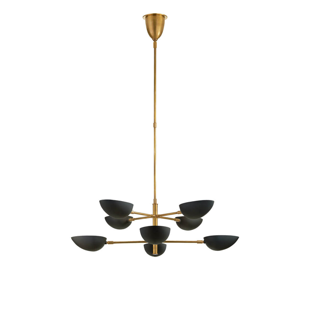 The Graphic Two-Tier Chandelier has eight, petal shaped black glass lights on a thin, hand-rubbed antique brass column with two tiers.
