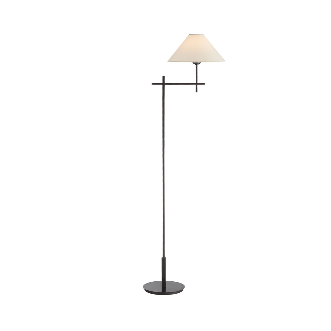The Hackney Bridge Arm Floor Lamp has a thin, classy body in a bronze finish with an extended, adjustable bridge arm and round natural paper shade.