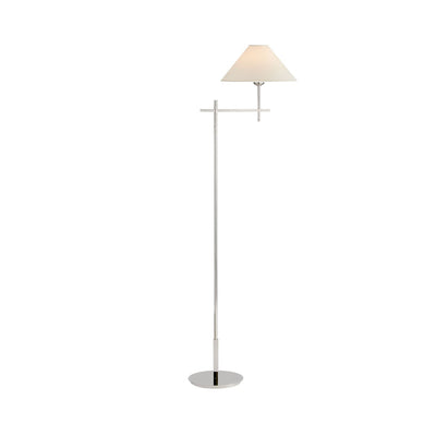 The Hackney Bridge Arm Floor Lamp has a thin, classy body in a polished nickel finish with an extended, adjustable bridge arm and round natural paper shade.