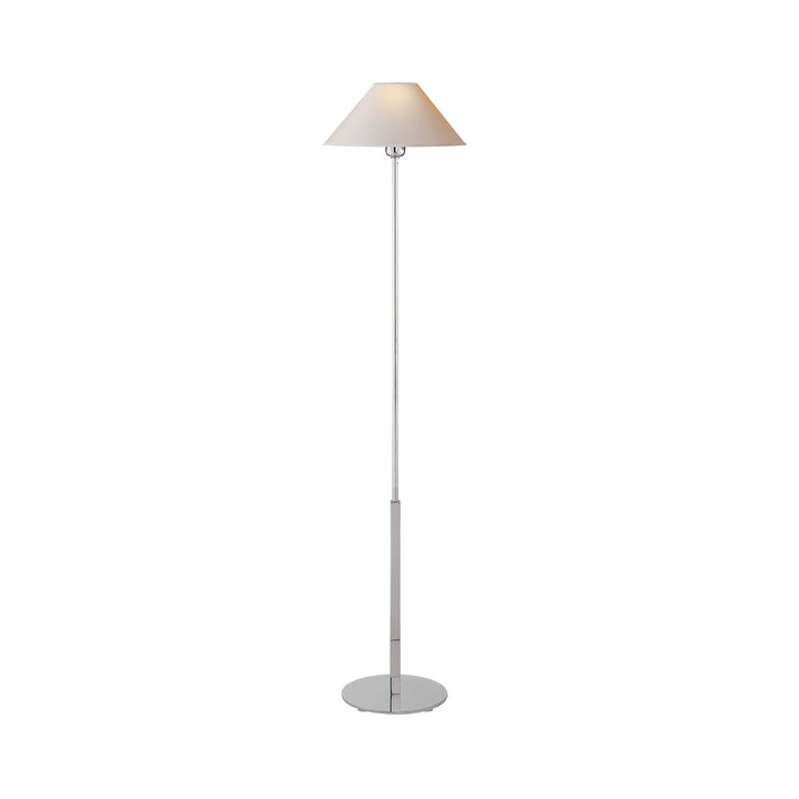 The Hackney Floor Lamp has a thin body in a polished nickel finish and a round, natural paper lamp shade.