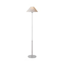The Hackney Floor Lamp has a thin body in a polished nickel finish and a round, natural paper lamp shade.