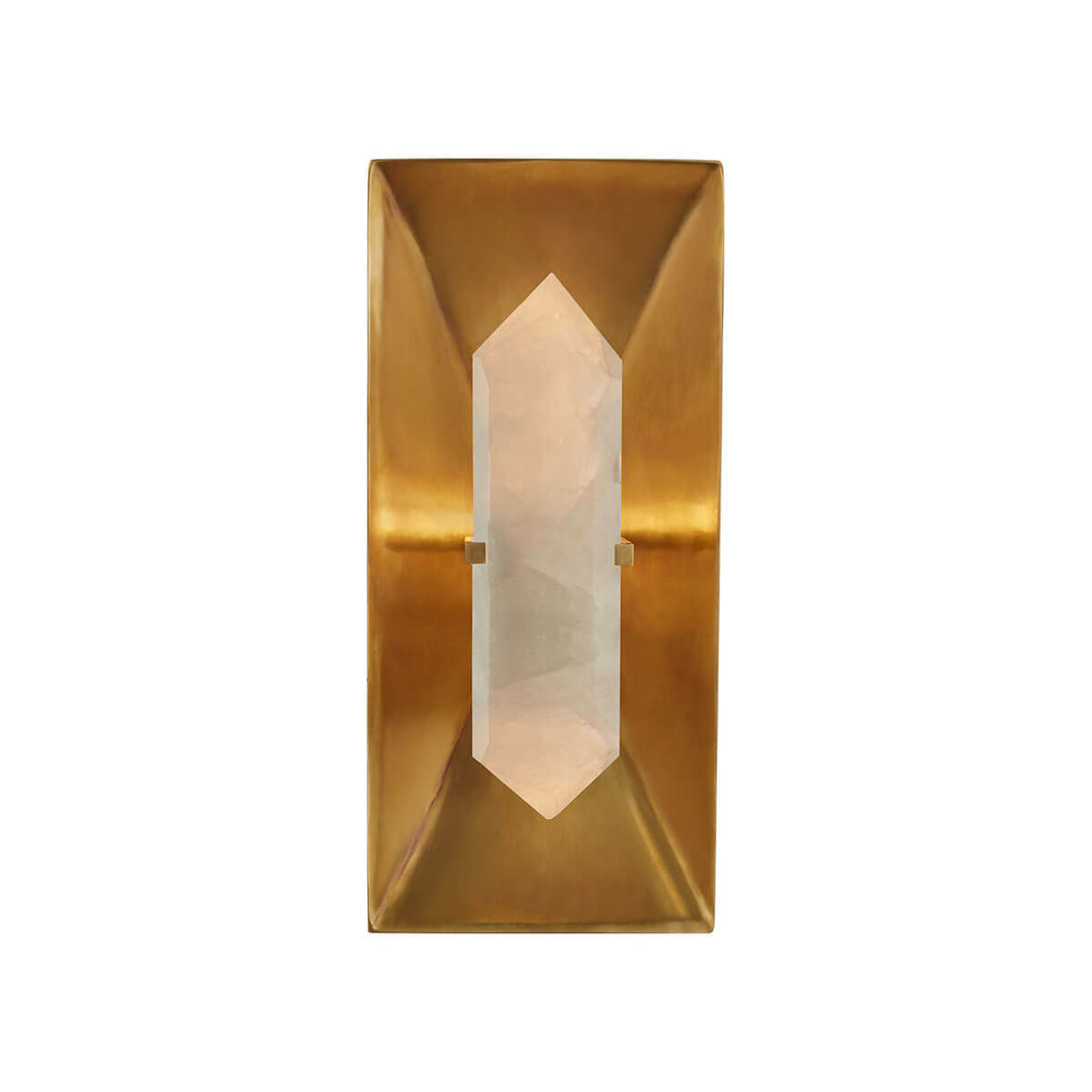 The Halcyon Rectangle Wall Sconce is a rectangular wall light that has a geometric, antique burnished brass backplate and a crystal light.