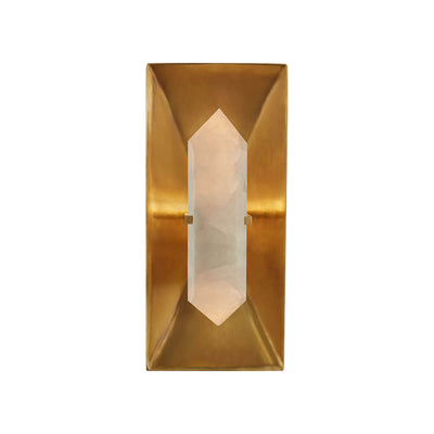 The Halcyon Rectangle Wall Sconce is a rectangular wall light that has a geometric, antique burnished brass backplate and a crystal light.