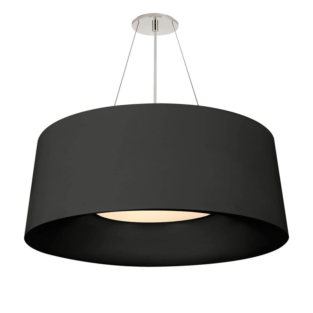 The Halo Hanging Shade has a bold drum shaped, matte black shade with simple canopy and hanger attachment.