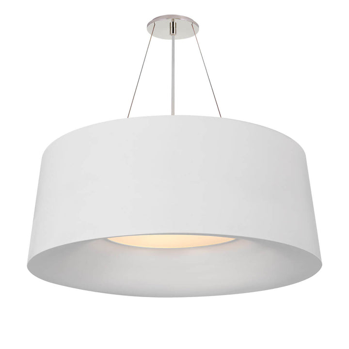 The Halo Hanging Shade has a bold drum shaped, matte white shade with simple canopy and hanger attachment.