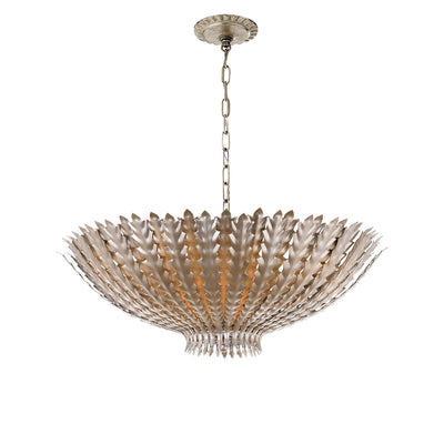 The Hampton Chandelier has a bowl shaped pendant light with burnished silver and brass leaf details and a delicate chain hanger.